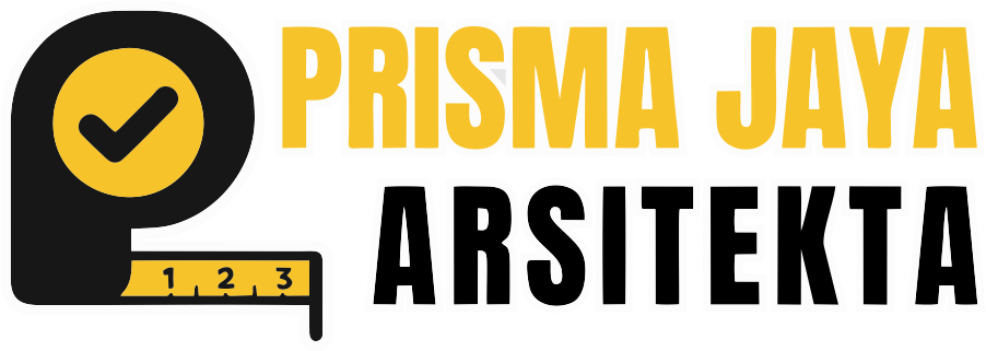 Logo featuring a yellow checkmark inside a tape measure forming the letter P, next to bold text Prisma Jaya Arsitekta in yellow and black, conveying a professional and trustworthy architectural business